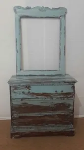 Blue-washed dresser with mirror