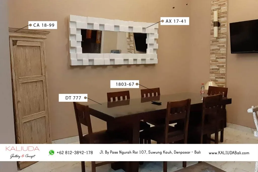 Set dining table with 6 chairs, corner cabinet, and mirror for Project Private Residence in Pemogan, Bali by Kaliuda Gallery, Indoor Outdoor supplier furniture and Balinese home decor