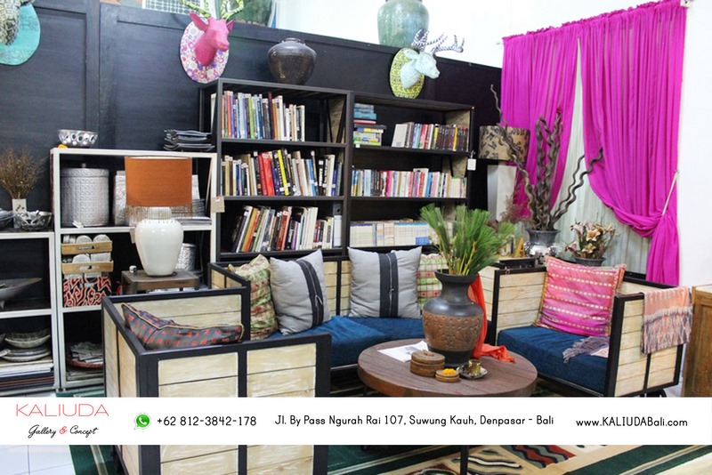 Industrial sofa and bookshelves at Living Room Area - Kaliuda Gallery Bali Supplier Furniture