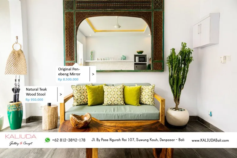 Original penebeng mirror and natural teak wood stool for Project Private Villa in Seminyak, Bali by Kaliuda Gallery, Indoor Outdoor supplier furniture and Balinese home decor