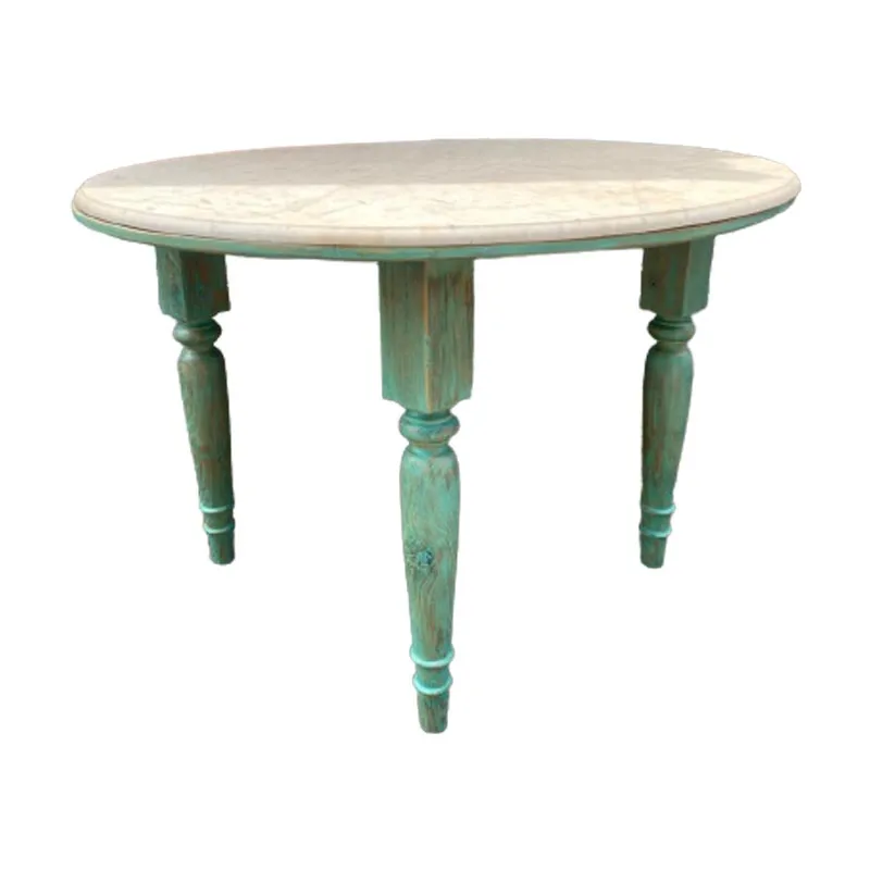 DT 21-77 DK (109x73cm) Round Green Marble-Teak Wood Dining Table - Kaliuda Gallery, home interior Bali