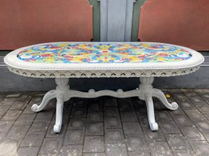 DT 21-75 DK (202x101x78cm) White Oval Teak Dining Table with carving by Kaliuda Gallery Bali furniture stores