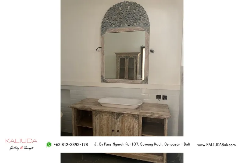 Custom Made Teak Wood Buffet Wastafel and Carving Mirror at Bathroom for Private Residence in Sanur, Bali by Kaliuda Gallery