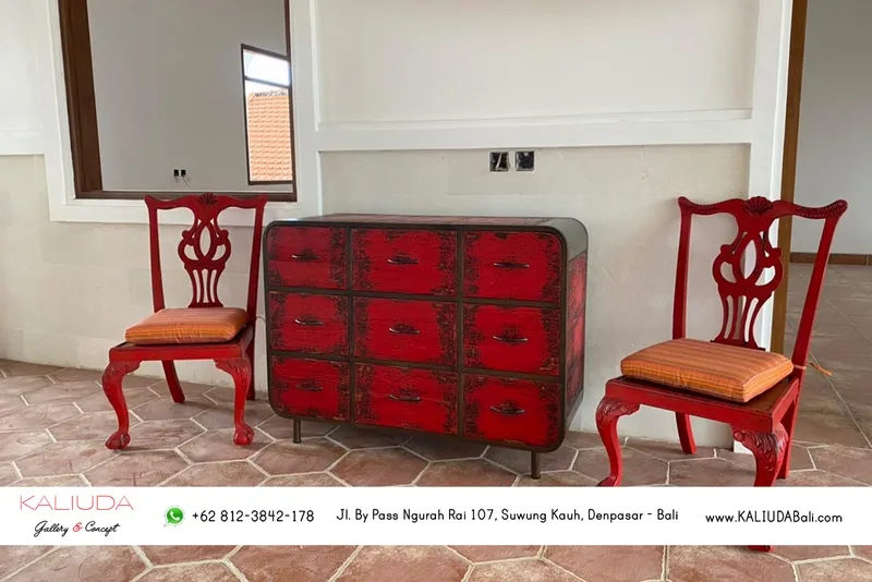 Red 9 Drawer & 2 Raja Chair for Public Space in Sanur, Bali by Kaliuda Gallery