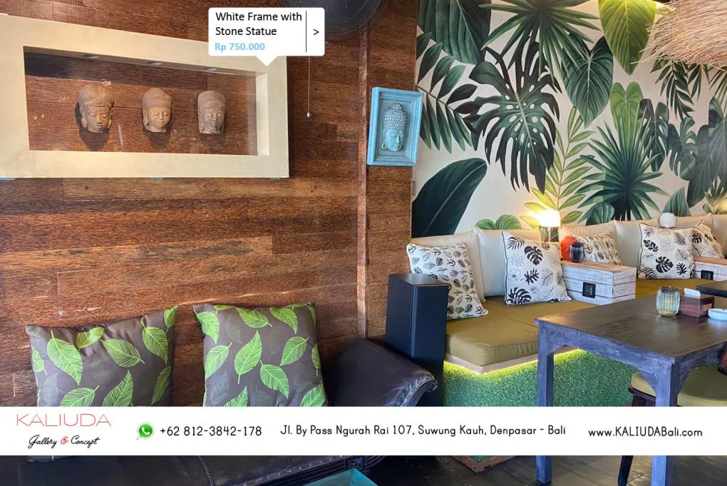 White frame with stone statue at Resto & Bar, Sanur by Kaliuda Gallery Bali