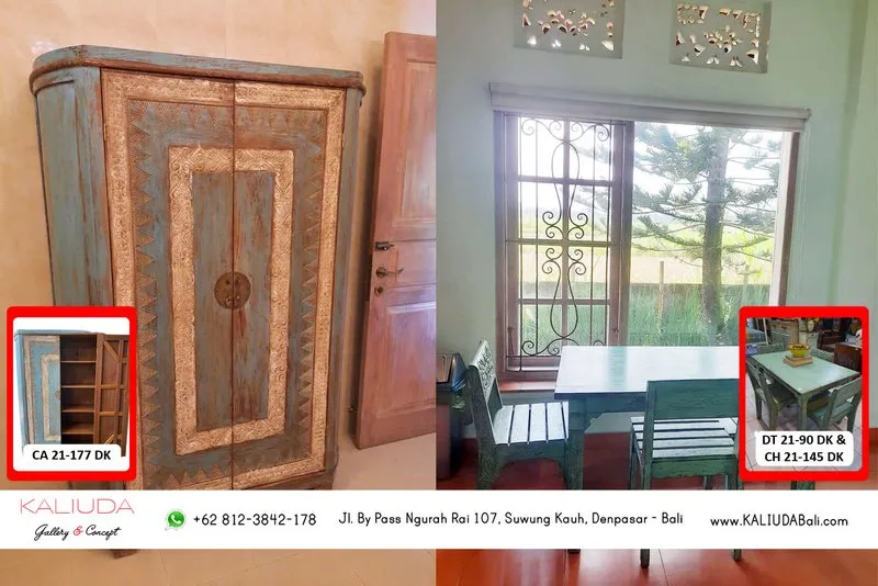 211019 - Vintage Cabinet & Set Tree of Life Dining Table Set 4 Chairs, Private Residence, Gianyar, Bali by Kaliuda Gallery