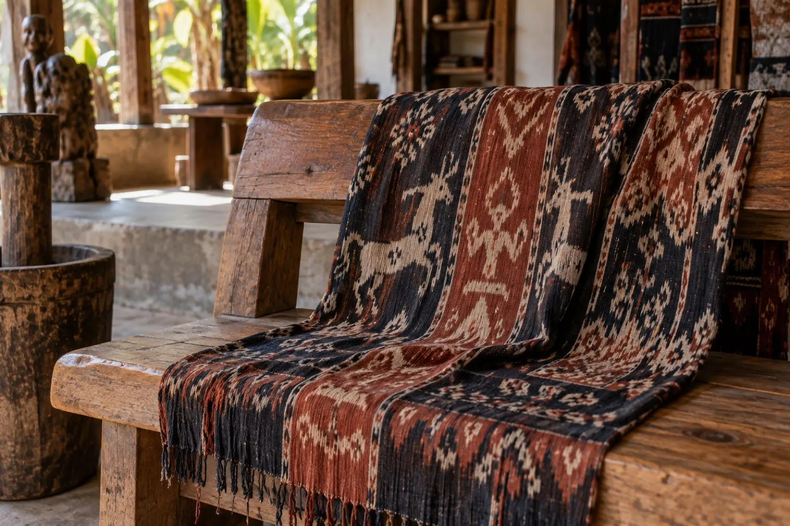 Ikat weave detail bench