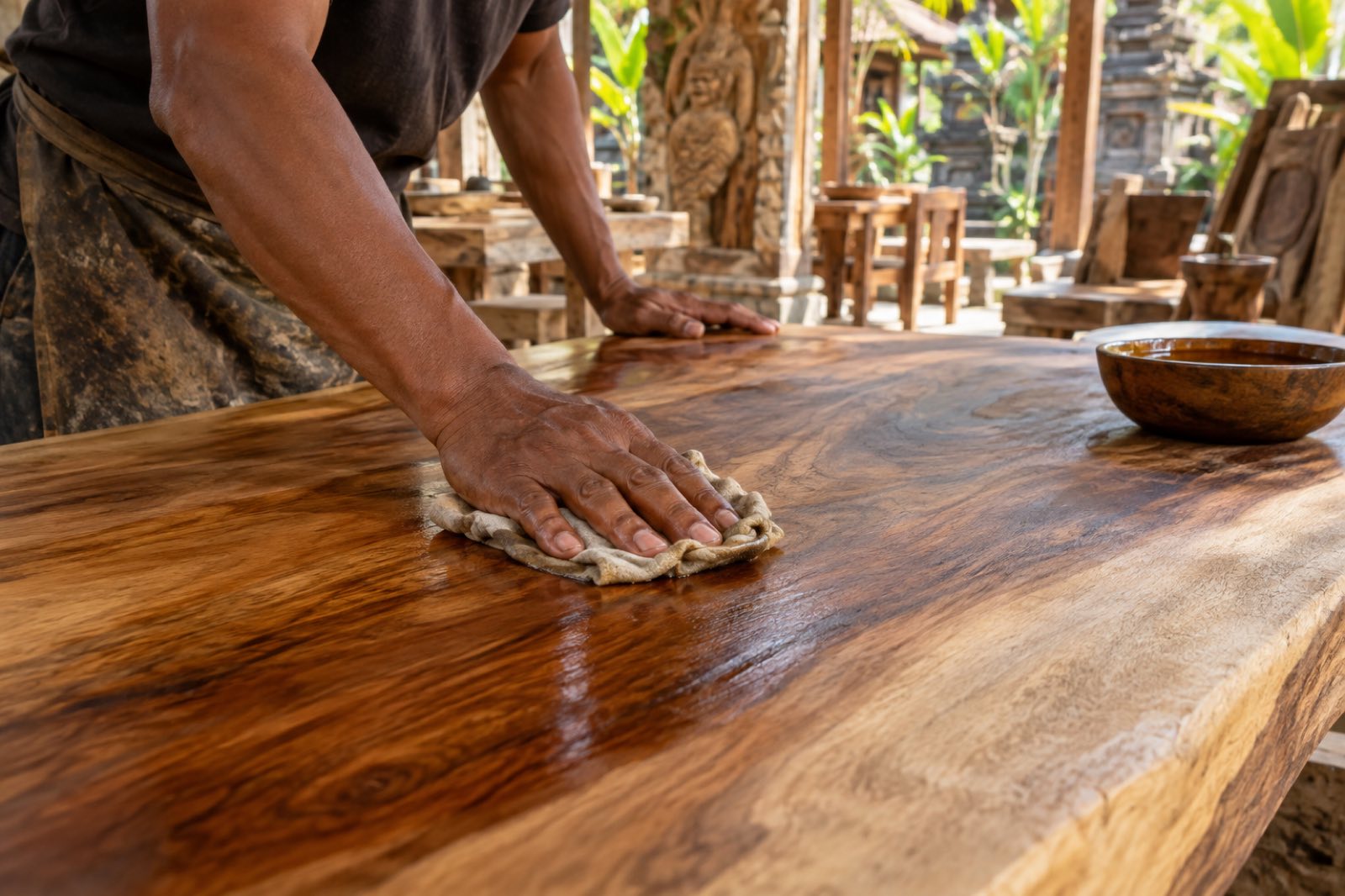 Hand oiling teak