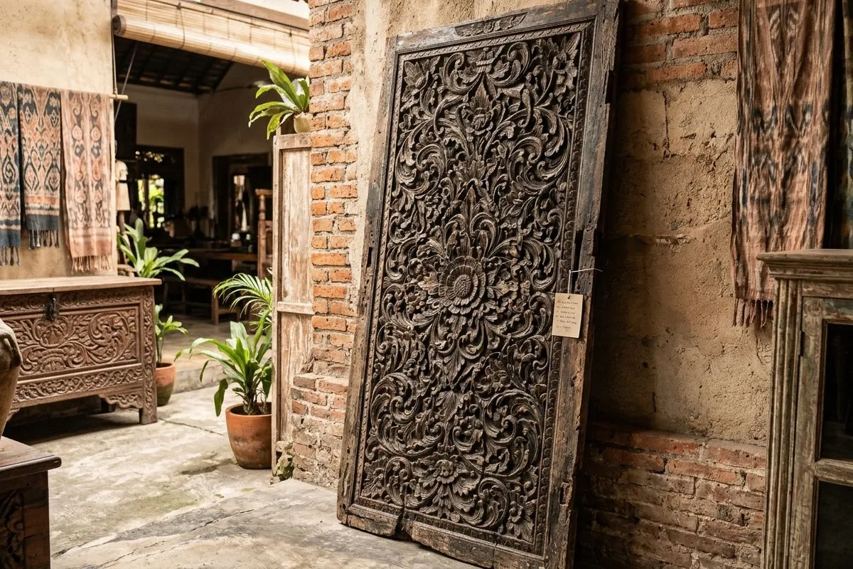 Carved antique panel from Java at the KALIUDA gallery in Bali