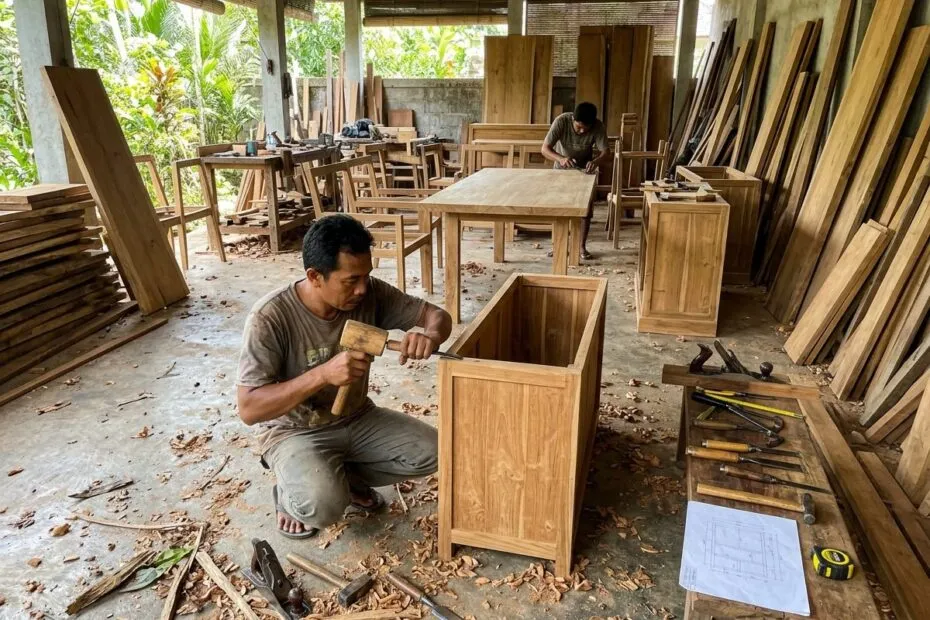 Teak furniture in progress at the KALIUDA workshop in Celuk, Sukawati