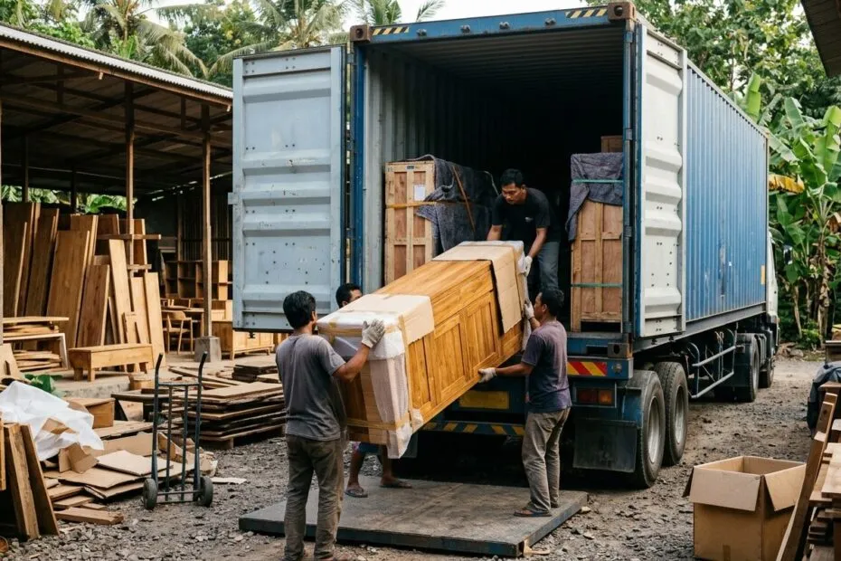 Teak furniture being loaded into a shipping container in Bali for export