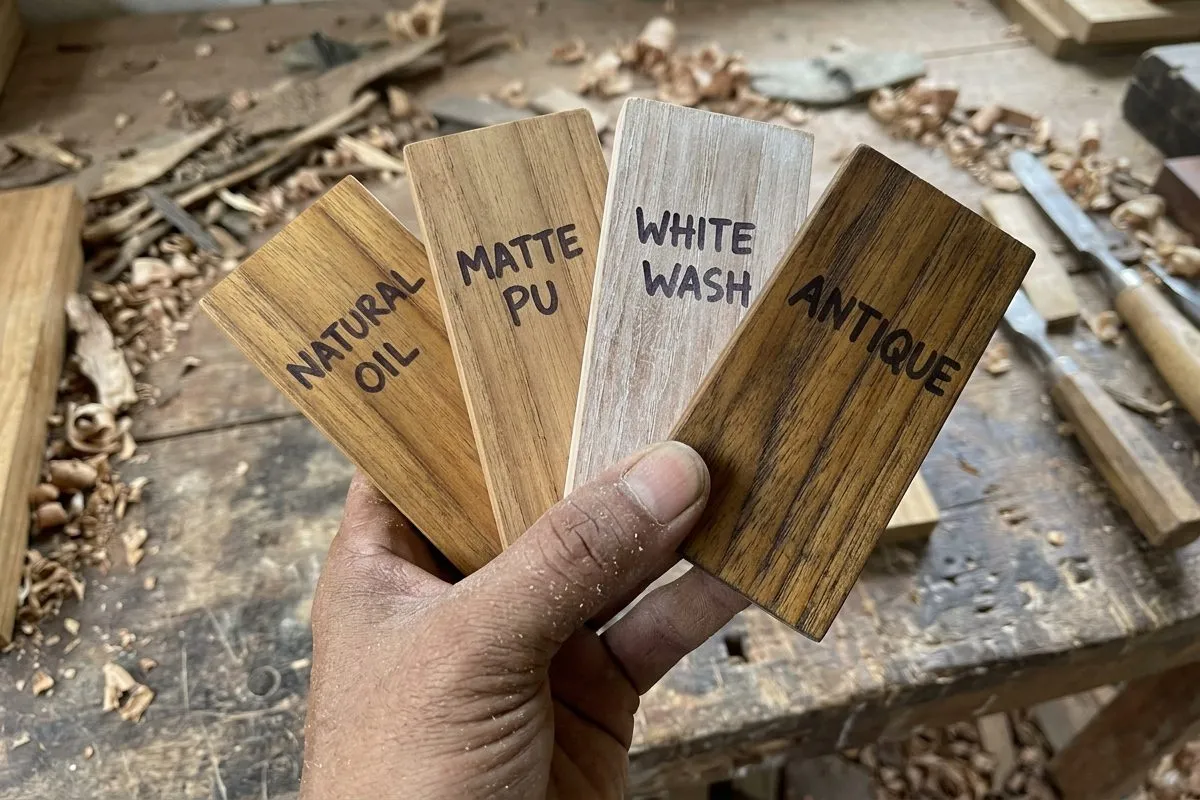 Natural oil, matte PU, white wash and antique finish samples on teak