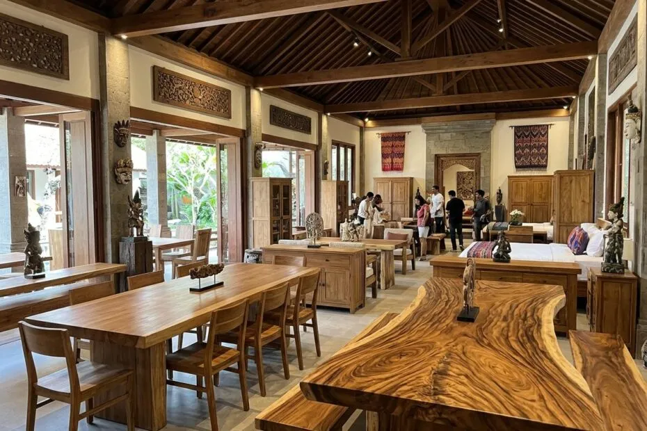 Solid teak and suar furniture on display at the KALIUDA gallery in Celuk, Bali