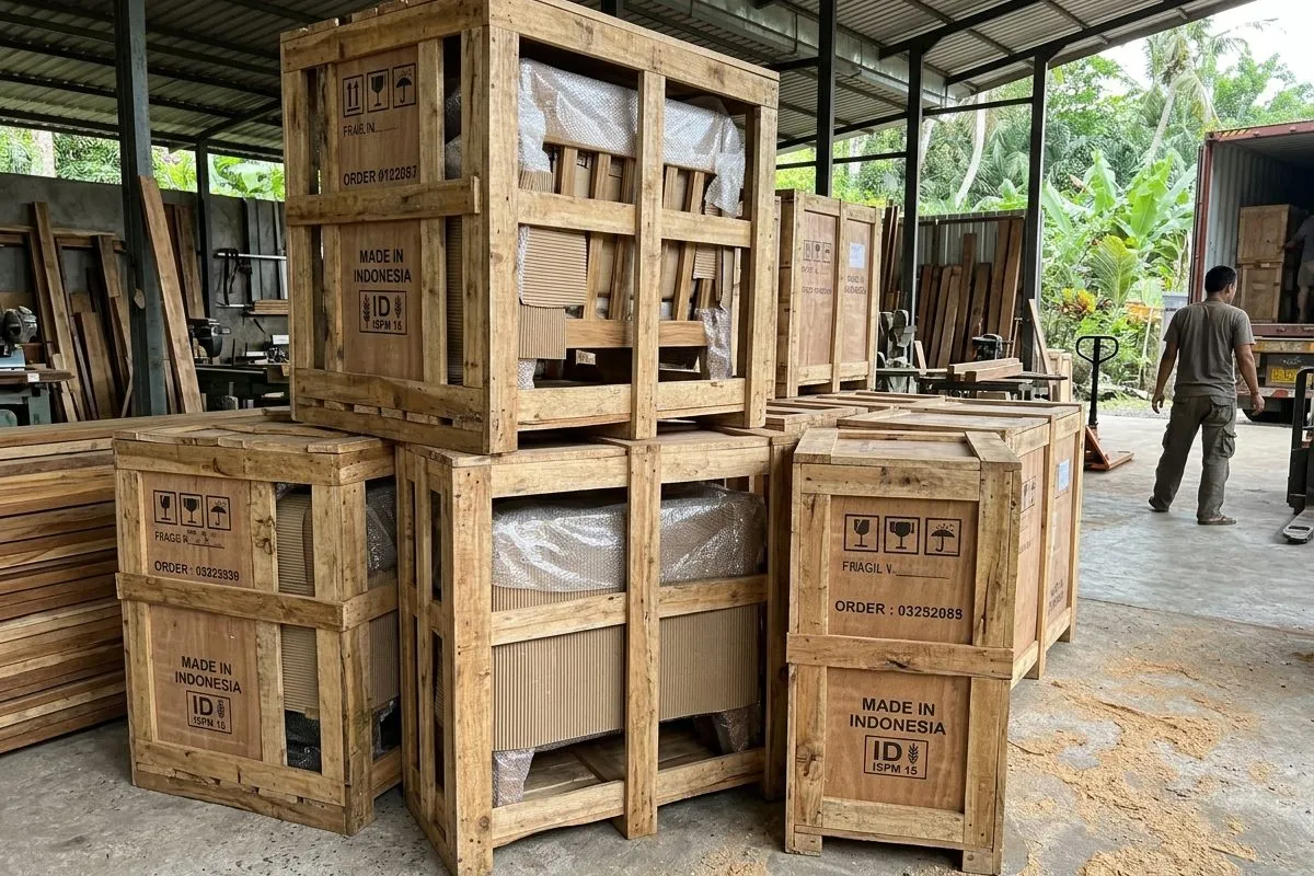 Furniture packed in timber export crates ready for container loading in Bali