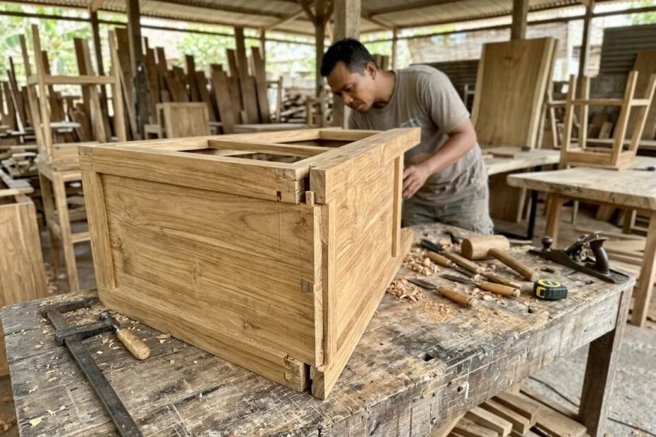 Half-built teak cabinet showing mortise and tenon joints in a Bali furniture workshop